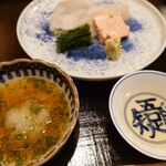 津の守坂 小柴 - お造：真子鰈、あん肝、おかひじき、梅醤油、ポン酢