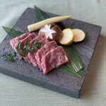 Kuroge Wagyu Beef Grilled on Ceramic Plate