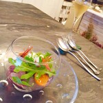 スープとカレー ボンジョルネ - ●前菜
      甘エビとヒラメのマリネ
      紫蘇ジュレとカリフラワーのムース