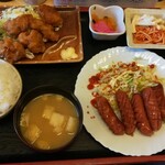 食事処 禅 - 鶏唐揚げと焼ウインナー(650円)