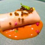 北海道焼肉 北うし - 【アミューズスペシャリティ】毛蟹の春巻き(牛ミノを毛蟹ソースで) 