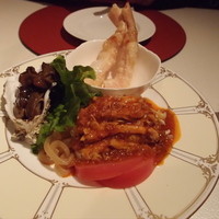 中国料理 四川 - 前菜（蟹のマリネ、棒々鶏（鶏・胡瓜・クラゲ）、牡蛎の佃煮）