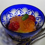 山ばな平八茶屋 - 若狭懐石：水物（苺、せとか、メロン 白ワインとザクロのジュレがけ）