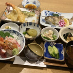Uokami - あまごの天然塩焼きときすの天ぷら 穴子の山椒煮と海鮮丼