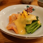 Osaketo Obanzai Suika - 赤貝とネギの黄身ソース