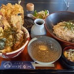 川なべ - 塩天丼とチューリップの球根と白エビのかき揚げ&大門素麺。頼みすぎですね。