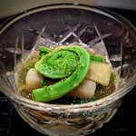 新ばし 星野 - 山菜の虎魚出汁ジュレ。大好きが詰まった食事前の一品。虎魚出汁とは嬉しいじゃないですか・・・