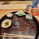 日本料理 研野 - ご飯のお供は、①鯛の卵と昆布、青森の佃煮、②ちりめん山椒、③きゅうりの糠漬け、白菜で巻いた大根のビール漬け、④つがる漬けは松前漬け