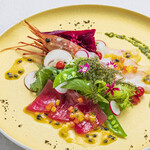 Seafood and sea grape carpaccio with passion fruit dressing