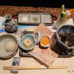 芦屋天がゆ - 桃乃献立(野菜スティック、山芋豆腐、極細のなます、塩昆布とお新香盛合せ)