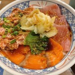 磯丸水産 - まぐろサーモンねぎトロ丼 わさび醤油ぶっ掛け！