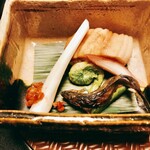 WA亭 風こみち - 前菜　：　地鮎焼き物・エシャレット・こごみ・穴子寿司