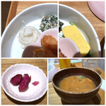 chano-ma - ◆雑穀米ご飯は多めで明太子のせ。 ◆お惣菜が3種類盛られていますけれど、玉子焼きやポテサラは業務用の品のように感じました。違ったらゴメンナサイ。m(__)m