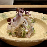 割烹 隆 - 三重県産の鯵のたたき
                      梅の裏漉しを使ったたたきは酸味がさっぱりとしていい塩梅です。
                      新生姜の風味も良くボリュームもあり、ご飯が欲しくなるそんな味わいです♪