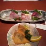 だれやめコースの刺身と魚フライ