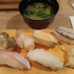 寿司 築地日本海 - つぶ貝　アワビ　シマアジ　エンガワ　味噌汁
