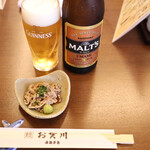 うなぎ お㚙川 - 瓶ビール中(550円)とひれポン酢