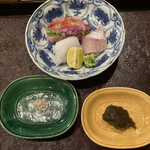 茜坂大沼 - 金目鯛、泥障烏賊、平政　藻塩と自家製昆布醤油