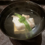 茜坂大沼 - 五島列島のクエ・玉子豆腐　クエの胃袋も添えられていました。コリコリ〜〜。大将の実家のウルイも添えられていましたよー！