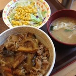 Sukiya - カレー南蛮牛丼、サラダ