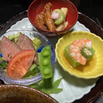 小野川温泉　吾妻荘 - 口代　「筍の子と飯蛸やわらか煮」「グリーンピース豆富」「ローストビーフ」