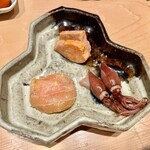 鮨 はしもと - 2022.5.  鮟肝・蛍烏賊味噌漬け・真加治木生ハム