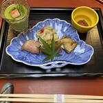 那須温泉　山楽 - 太刀魚手綱焼き　合鴨ロース　鮎アーモンド揚げ　アスパラ豆腐　