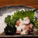 鳥半・魚半 - 生タコ　丁寧に色々な薬味を添えていただきありがとうございました。