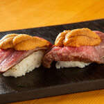 Beef Sushi topped with beef sea urchin