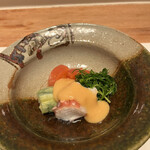 曙橋 かず - 店主おまかせコース７７００円。蛸と夏野菜の酢味噌がけ。おかひじきと蛸の食感も楽しく、初夏らしい先付です（╹◡╹）