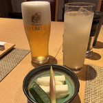 YAKITORI　田崎 - ビール＆桃酒＆お通し