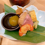 Yamagata Kyou Doryouri Obako - 前菜(鴨ロース、バイ貝、才巻海老、天豆、卵焼き、梅煮)