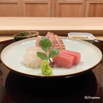 御料理 寺沢 - 星鰈､のどぐろの炙り､本鮪のトロの三種盛をチリ酢と割醤油で