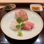 御料理 寺沢 - 星鰈､のどぐろの炙り､本鮪のトロの三種盛をチリ酢と割醤油で