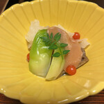 Ichijouin - ◉先付 つぼみ菜と利休麸の梅味噌がけ。白木耳。マイクロトマト。木の芽が爽やか♡