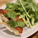 餃子とスパークリング バブルス - ハリッサパクチー餃子