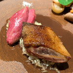 レストラン オオツ - ⑩ランド産窒息鳩 鳩の内臓とコニャックのソース ジロール茸