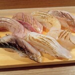 寿司 築地日本海 - 炙り中トロ 大トロ エンガワ 真鯛 サバ ヒラメ ホタテ計163㌘