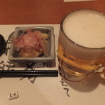 しまね料理とさばしゃぶの店 主水 - お通し「たけのこ」とビール