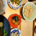 象印食堂 - おかず豆皿三種（空心菜と蒸し鶏のサラダ、なすとかぼちゃの揚げ浸し、ヤングコーンと枝豆の白和え）