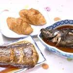 Shimizu Shokudou - メバルの煮付け、舌ヒラメの煮つけ、いなり寿司