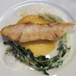 クニオミ - スズキのポワレ、カブのソース、京水菜、アサリのジュのカプチーノ仕立て