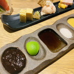 KUSHITEI SHIBUYA STREAM - 前菜とソース各種。
