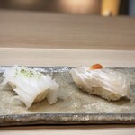 Sushi Ooshio - ◆烏賊と鮃・・シャリは赤酢をブレンドされていて、大きめ。
