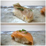 Sushi Ooshio - ◆鯛の押し鮨とサーモン ＊押し鮨は､薄板昆布と共に頂くと、美味しい。 ＊サーモンはさーもアランというお味。