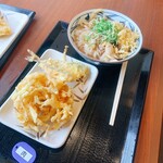 Marugame Seimen - 鬼おろし肉ぶっかけ並とアジ天、野菜かき揚げ　税込690円＋160円＋150円−50円（クーポン）