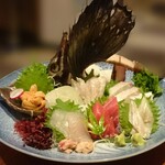 海鮮居酒や 小鉢 - お刺身盛り合わせ【特注】本マグロ・ひらめ(熟成)・ししゃも・カワハギ肝付・サメガレイエンガワ付・はっかく・塩水うに
