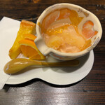 笛吹川温泉　坐忘 - 水菓子　白桃ゼリー寄せ・りんごのタルト・オレンジ