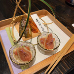 笛吹川温泉　坐忘 - 八寸　若鮎風干し火取り・川海老旨煮・白瓜雷干し・無果花胡麻クリーム