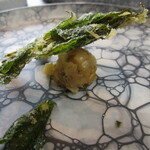 プレゼンテ スギ - ニワトコのフリットと烏賊の塩辛（山の風味）